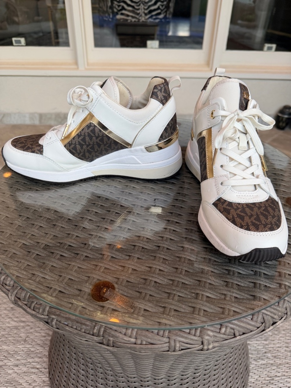 Michael Kors White Sneakers with Brown Logo Panels and Gold Accents - Picture 4 of 7